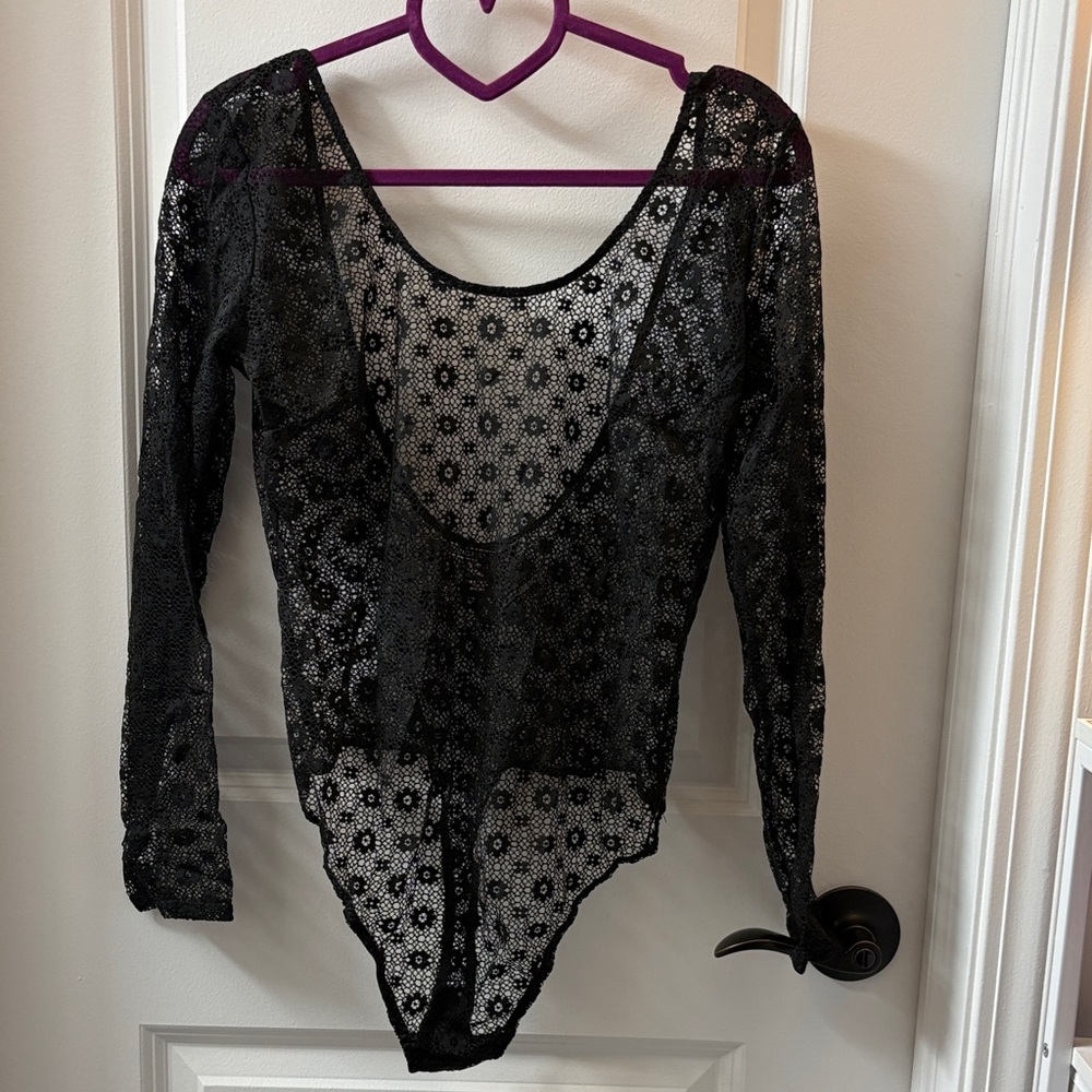 Victorias Secret Black Floral Lace Long-Sleeve Bodysuit